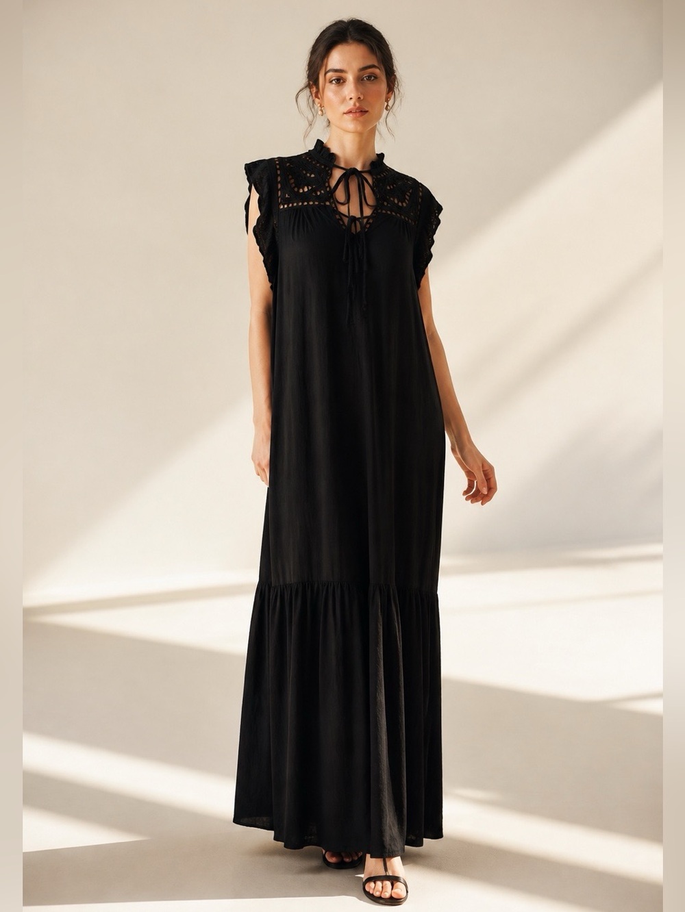 Friends Like This Black Crochet-Yoke Maxi Dress with Tie Neck